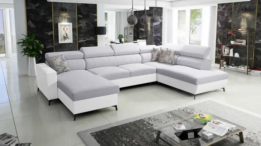 Ecksofa mit Schlaffunktion Savona VI grau Esche / weiß links bequemes Ecksofa für Wohnzimmer mit zwei Bettkästen Preisknaller