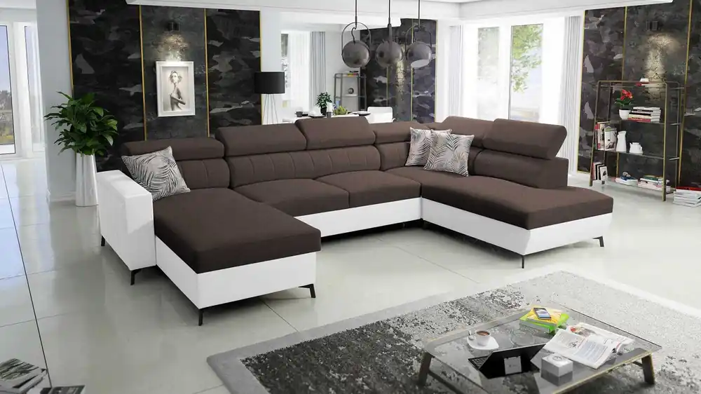 Ecksofa mit Schlaffunktion Savona VI braun/weiß links bequemes Ecksofa für Wohnzimmer mit zwei Bettkästen Versand Am Gleichen Tag