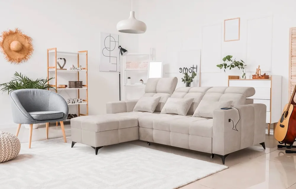 Ecksofa mit Schlaffunktion Laredo beige linke Ecke komfortables und stilvolles Schlafsofa mit Bettzeugcontainer Billig