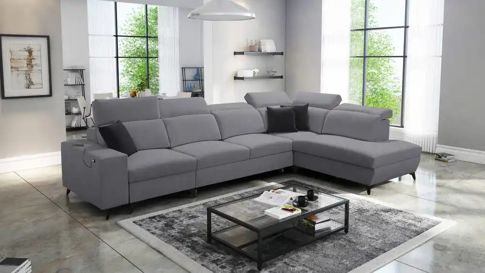 Must-Have Ecksofa mit Schlaffunktion Kelly Sleek XI grau rechts Ein stilvolles und bequemes Ecksofa aus strapazierfähigem Webstoff