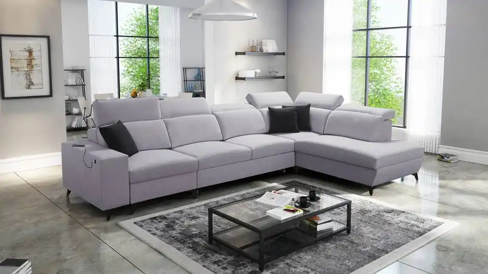 Ecksofa mit Schlaffunktion Kelly Sleek XI grau Esche rechts Stilvolles und bequemes Ecksofa aus strapazierfähigem Webstoff Rabatt