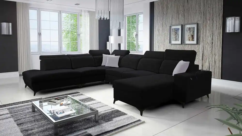 Ecksofa mit Schlaffunktion Kelly Sleek X schwarzes rechtes extrem elegantes Ecksofa für Wohnzimmer mit verstellbaren Kopfstützen Preisreduziert