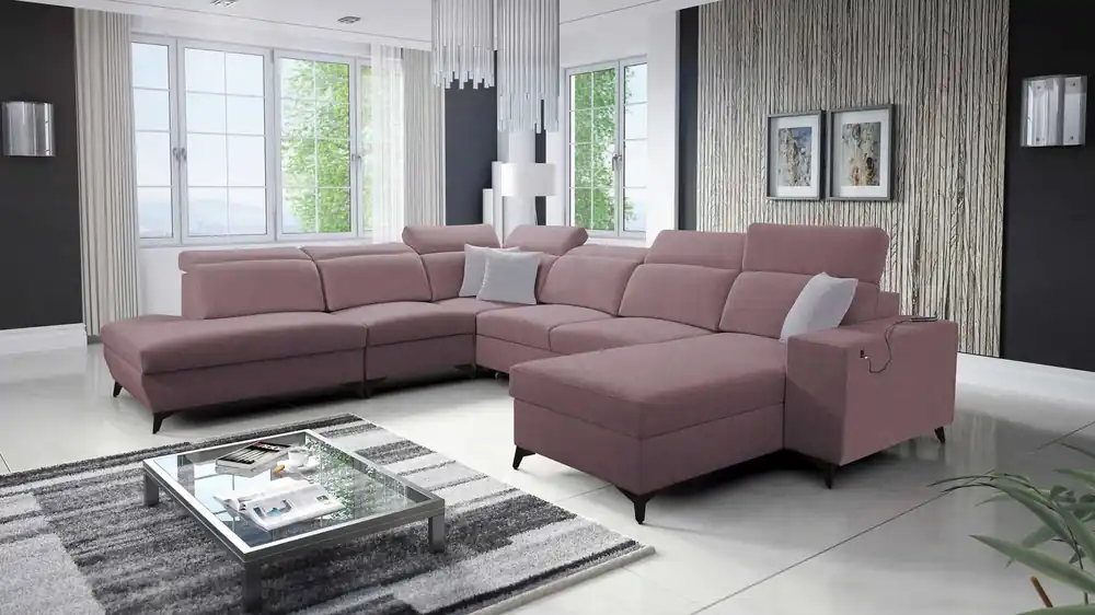 Ecksofa mit Schlaffunktion Kelly Sleek X lavendel rosa rechtes extrem elegantes Ecksofa für Wohnzimmer mit verstellbaren Kopfstützen Nur Heute