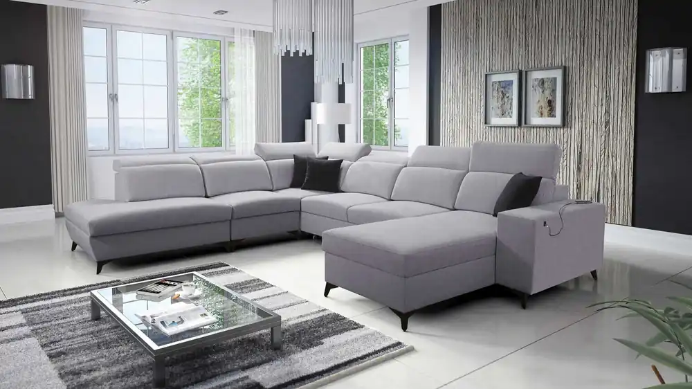 Nur Heute Ecksofa mit Schlaffunktion Kelly Sleek X grau Esche rechts extrem elegantes Ecksofa für Wohnzimmer mit verstellbaren Kopfstützen
