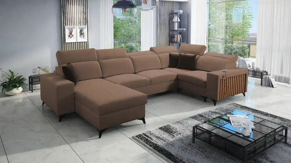 Ecksofa mit Schlaffunktion Kelly IV hellbraun links geflochten bequemes Ecksofa verstellbare Kopfstützen seitlich mit Latten verkleidet Preisknaller