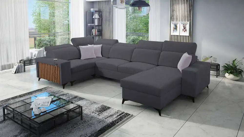 Ecksofa mit Schlaffunktion Kelly IV graphit rechts geflochtenes bequemes Ecksofa verstellbare Kopfstützen seitlich mit Lattenverkleidung Günstig