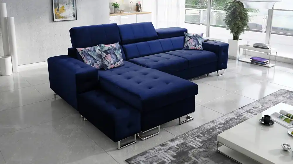 Ecksofa mit Schlaffunktion Hampton navy blau links stilvolle Steppung auf der Sitzfläche weicher Polsterstoff Ecksofa mit Verlängerung Sonderaktion