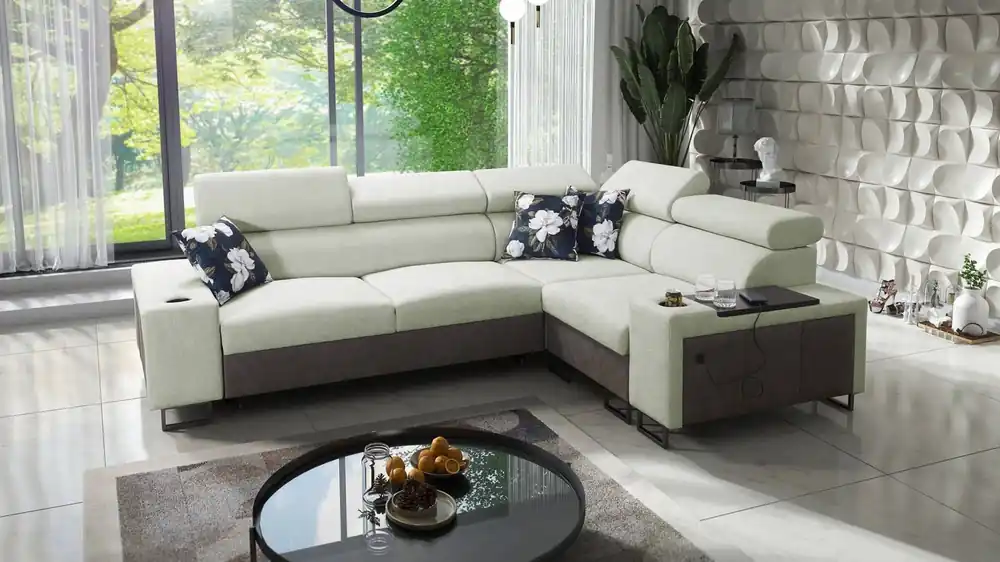 Schneller Versand Ecksofa mit Schlaffunktion Flavio II mint / graphit rechts bequemes Ecksofa Bett offene Bar in der Seite des Möbels
