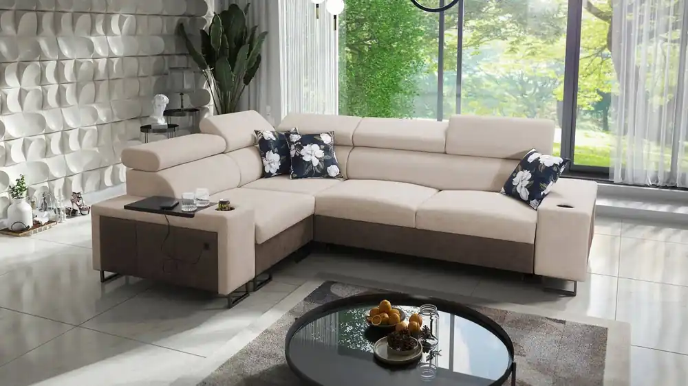 Jetzt Bestellen Ecksofa mit Schlaffunktion Flavio II beige/braun links bequemes Ecksofabett offene Bar an der Seite des Möbels