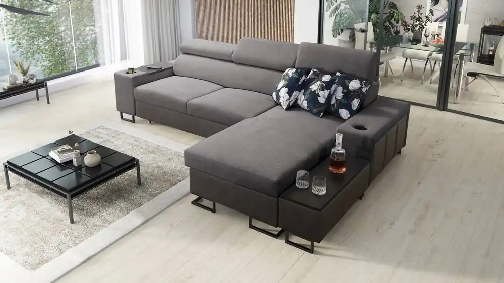 Neue Kollektion Ecksofa mit Schlaffunktion Flavio grau / graphit rechts elegantes Ecksofa mit einer seitlich zu öffnenden Verlängerungsstange des Möbels