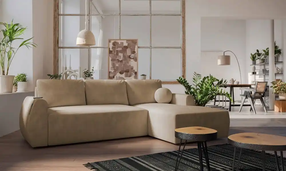 Schneller Versand Ecksofa mit Schlaffunktion Colio dunkelbeige rechte Seite stilvolles Ecksofa mit interessanter Form dekorativer Kissenkugel