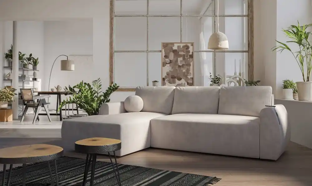 Heißes Angebot Ecksofa mit Schlaffunktion Colio beige linke Seite stilvolles Ecksofa mit interessanter Form Veloursstoff Zierkissen Ball