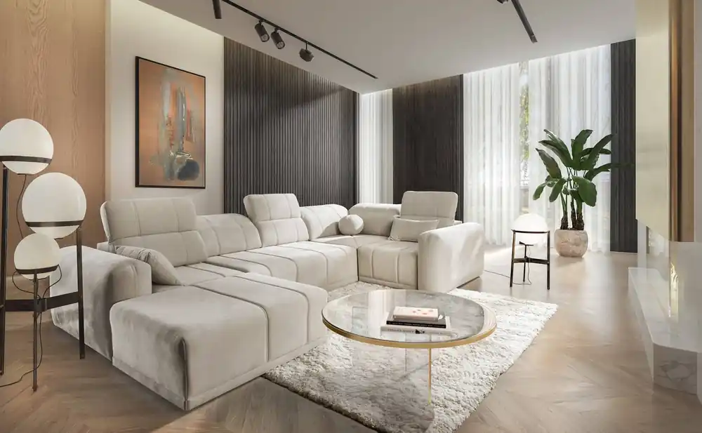 Günstig Ecksofa mit Schlaffunktion Cetara IV beige linke Seite stilvolles Eckdesign mit verschiebbaren Rückenlehnen zwei Bettzeugkästen