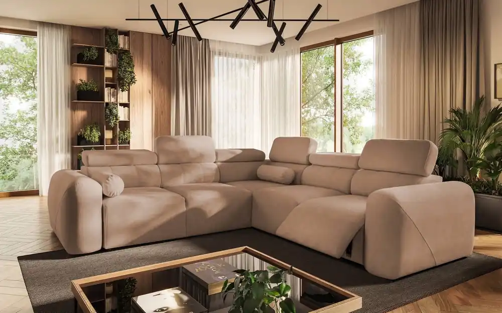 Preiswert Ecksofa mit Schlaffunktion Cantare III Lux Lachs rechts stilvolles und bequemes Ecksofa für das Wohnzimmer mit hochklappbarer Fußstütze