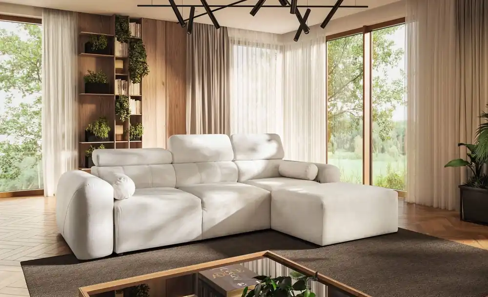Ecksofa mit Schlaffunktion Cantare elfenbeinfarben rechte Ecke funktionell und bequem modernes Design Plüschstoff Billig