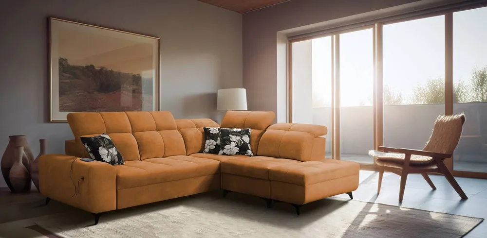 Ecksofa mit Schlaffunktion Buffalo VII honig rechts stilvolles Ecksofa mit Bettzeugcontainern Velourstoff Finale Aktion