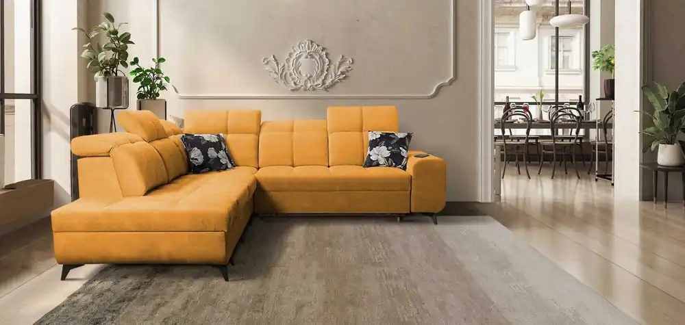 Ecksofa mit Schlaffunktion Buffalo IX gelb linke Seite stilvolles Ecksofa für Zimmer aus Velourstoff Zierkissen Expressversand