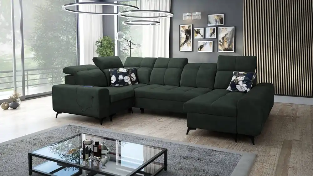Super-Preis Ecksofa mit Schlaffunktion Buffalo IV grün rechtsseitig stilvolles Ecksofa mit zwei Bettcontainern Velourstoff