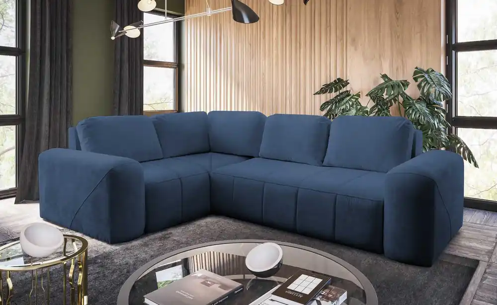 Ecksofa mit Schlaffunktion Bovec II blau links Komfort-Ecksofa mit einem stilvollen Charakter-Bettcontainer Geprüft