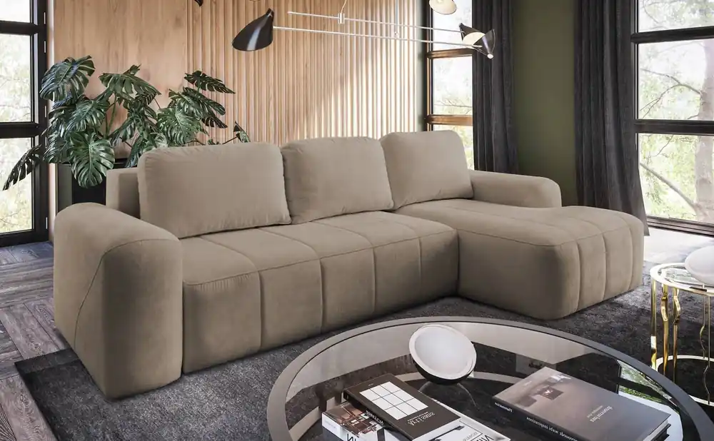 Ecksofa mit Schlaffunktion Bovec dunkelbeige rechtsseitig stilvolles Ecksofa mit ergonomischer Form hydrophobem Stoff Sichere Zahlung