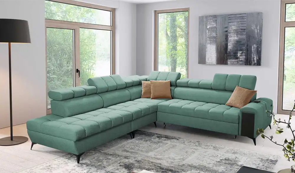 Highlight Ecksofa mit Schlaffunktion Bolmso IX mint links bequemes Ecksofa für Wohnzimmer mit Schublade Bettzeug Container stilvolles Design