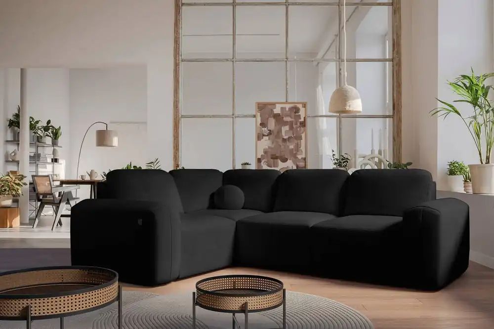 Ecksofa mit Schlaffunktion Arbon II schwarz linkes Design stilvolles Design markante runde Form Bettzeugbehälter Super-Preis