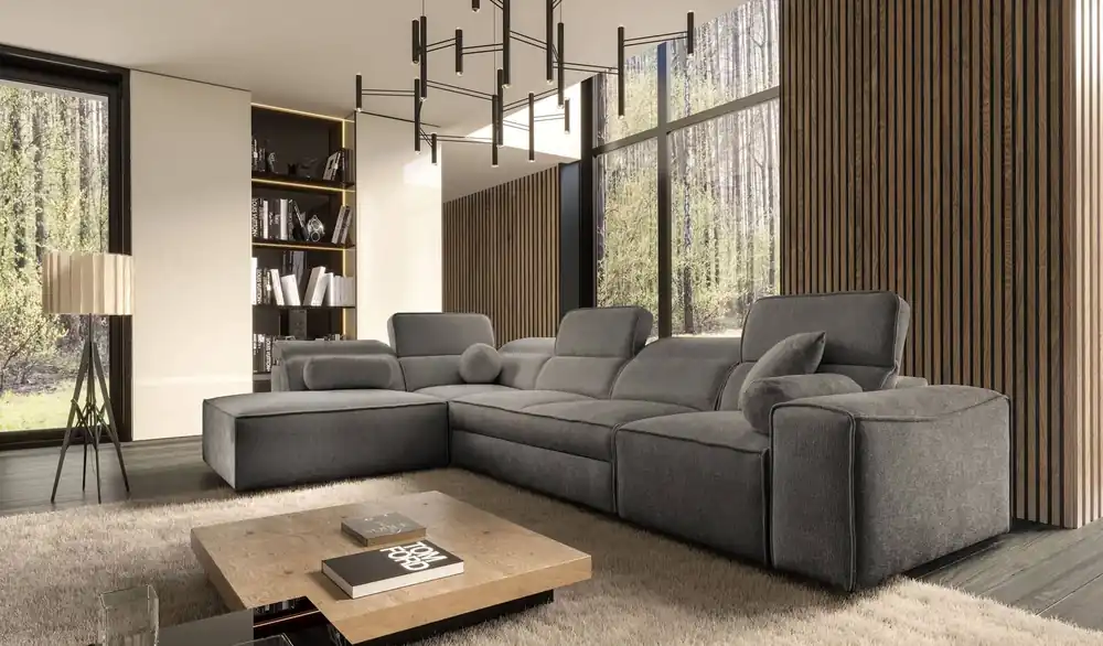 Sichere Zahlung Ecksofa mit Schlaffunktion Viano XI grau linksdrehend modisches und stilvolles Ecksofa mit verstellbaren Kopfstützen Zierkissen