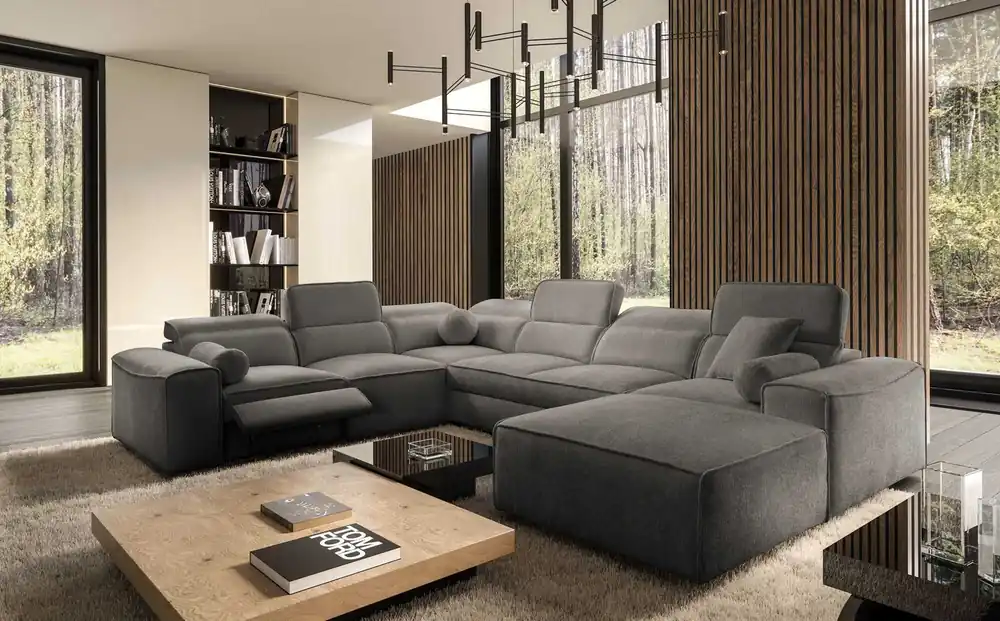 Ecksofa mit Schlaffunktion Viano VIII Lux grau rechts Design-Ecksofa mit ausziehbarem Fußteil Bettzeug-Container Sonderaktion