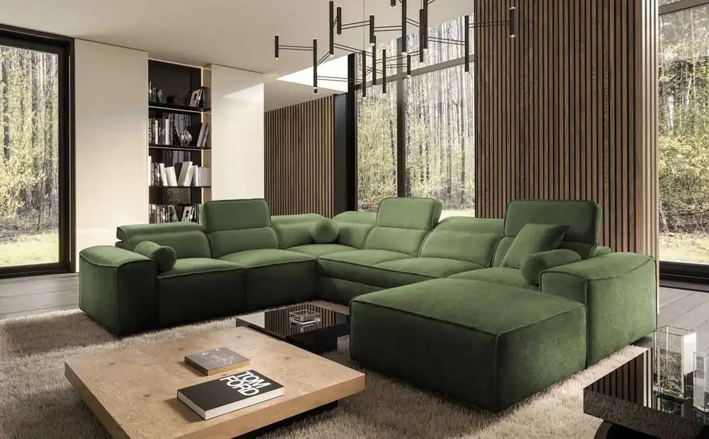 Geprüft Ecksofa mit Schlaffunktion Viano VIII grün rechts modernes Ecksofa mit interessantem Design Bettzeugcontainer