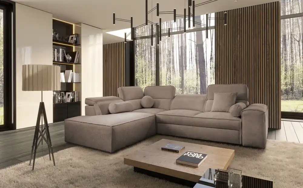 Super-Preis Ecksofa mit Schlaffunktion Viano VII hellbraun links trendiges und stilvolles Ecksofa mit verstellbaren Kopfstützen Zierkissen