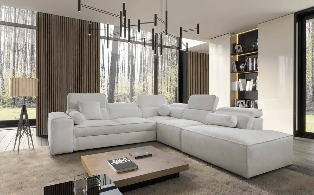 Geprüft Ecksofa mit Schlaffunktion Viano IX grau Esche rechts stilvolles Ecksofa mit Bettzeugcontainer ideales Möbelstück für ein großes Wohnzimmer