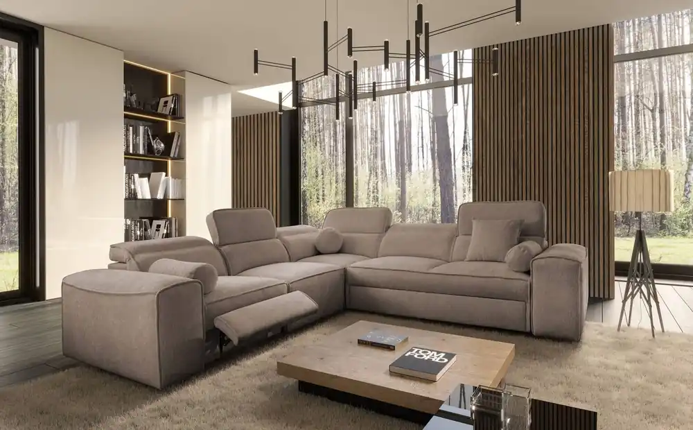 Highlight Ecksofa mit Schlaffunktion Viano III Lux hellbraun links modernes Ecksofa mit ausziehbarem Fußteil Bettzeugcontainer