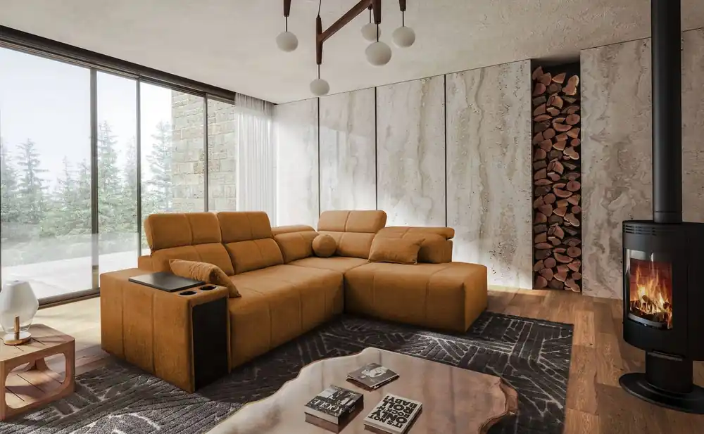 Ecksofa mit Schlaffunktion Tesalia VII Honig rechts modernes Design komfortable Schiebelehne Schublade in der Seite des Möbels Sofort Bestellen