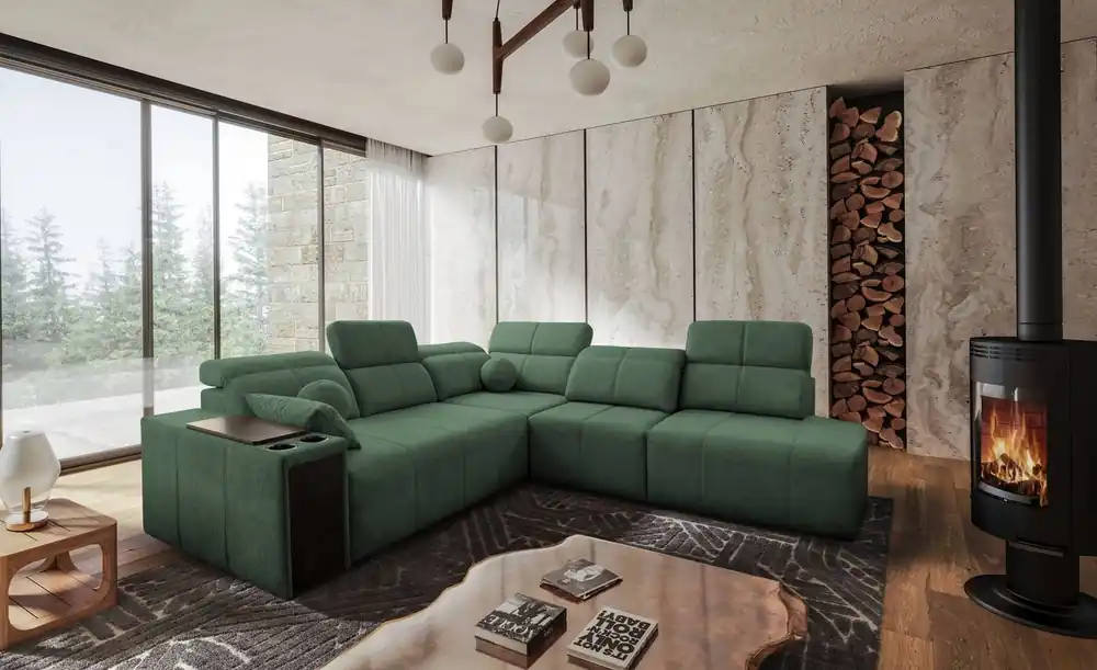 Sonderangebot Ecksofa mit Schlaffunktion Tesalia IX mint rechte Ecke modernes Design komfortable Schiebelehne Schublade in der Seite des Möbels