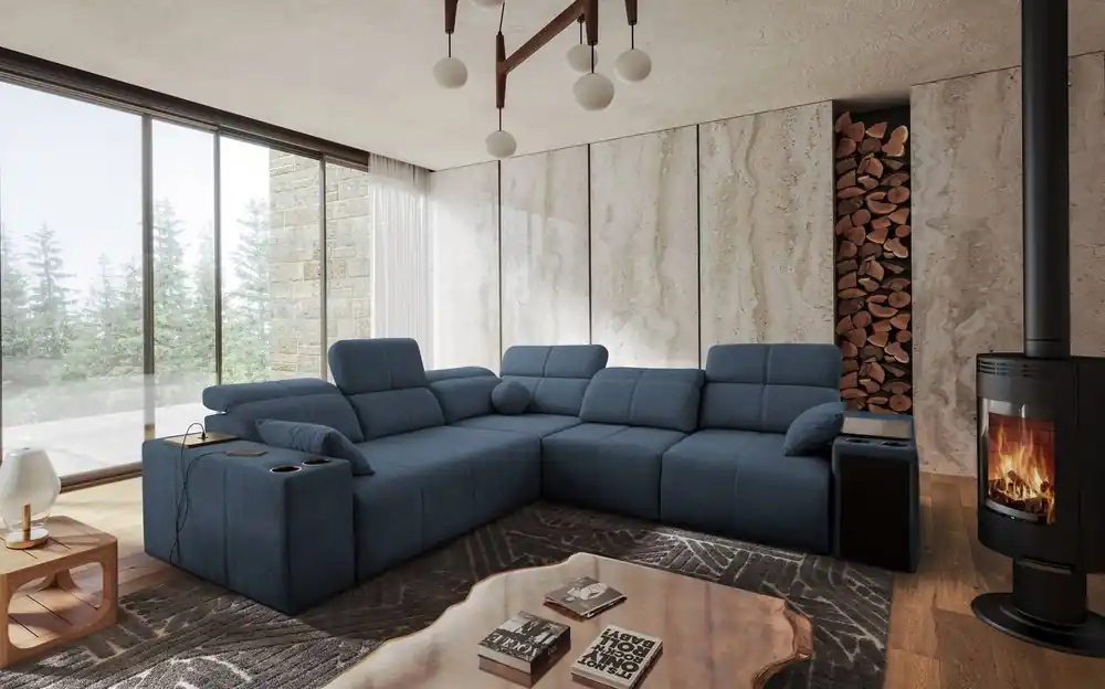 Schneller Versand Ecksofa mit Schlaffunktion Tesalia III blau rechts Komfort-Ecksofa mit verschiebbarer Rückenlehne zwei Container für Bettzeug