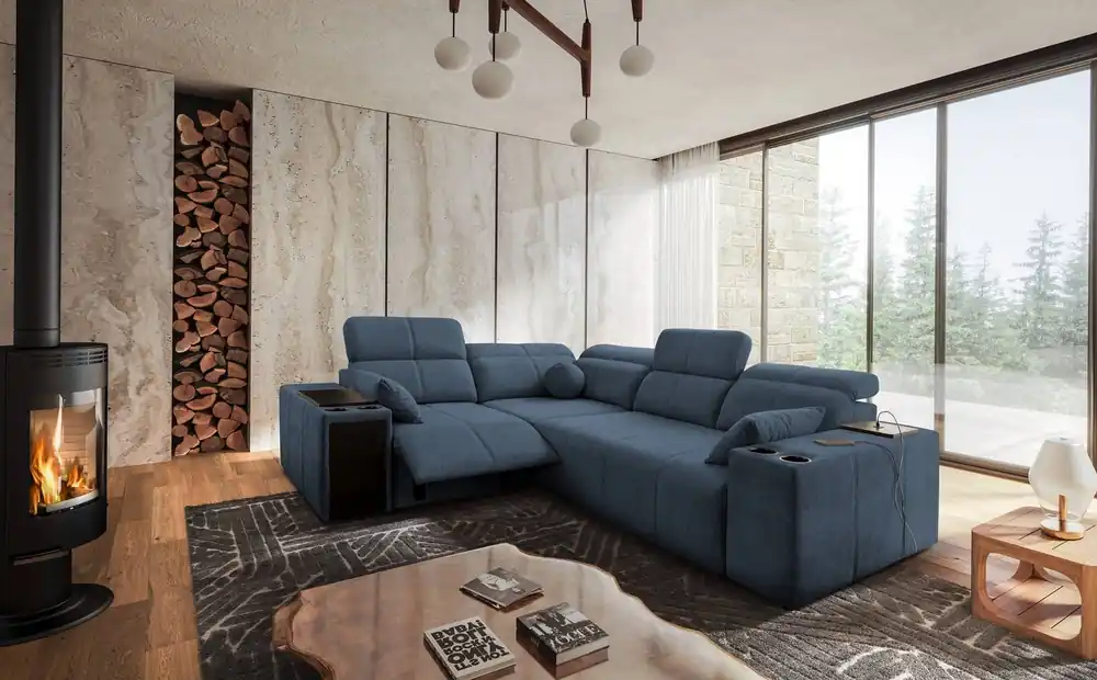 Nur Heute Ecksofa mit Schlaffunktion Tesalia II Lux blau links komfortables Ecksofa mit verschiebbarer Rückenlehne und ausziehbarer Fußstütze