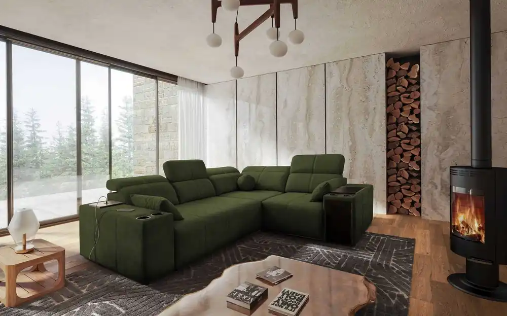 Garantierte Lieferung Ecksofa mit Schlaffunktion Tesalia II grün rechts bequemes Ecksofa für Wohnzimmer mit verschiebbarer Rückenlehne Bettzeugcontainer