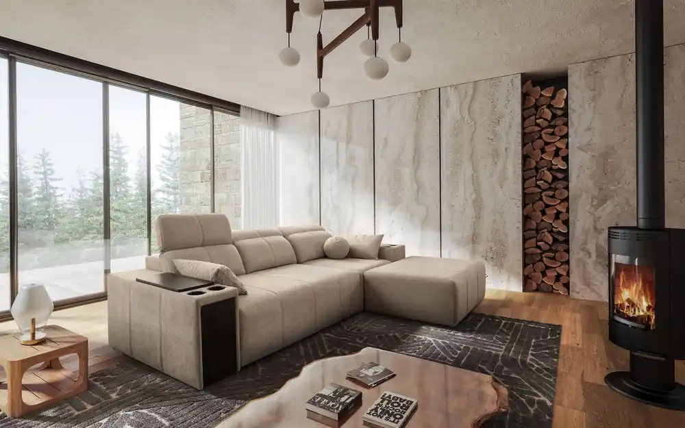 Echt Ecksofa mit Schlaffunktion Tesalia beige rechte Seite modernes Design komfortable Schiebelehne Schublade in der Seite des Möbels