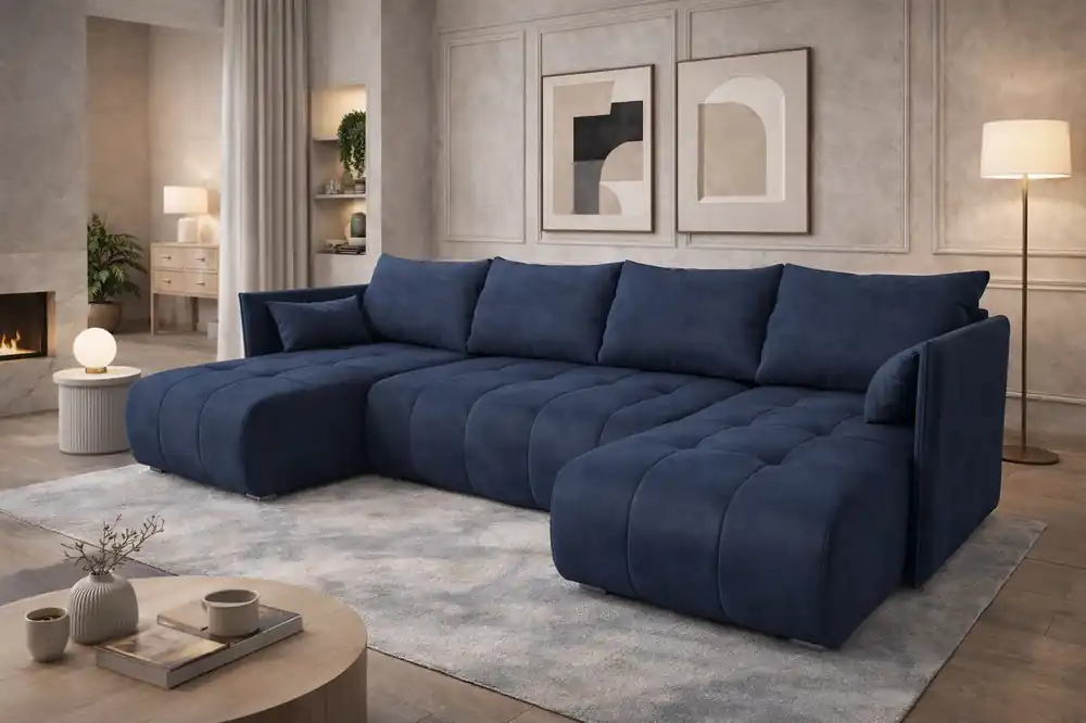 Angebot Ecksofa mit Schlaffunktion Selva U blau interessant präsentiert Ecksofa für Wohnzimmer Samtstoff mit eleganter Struktur