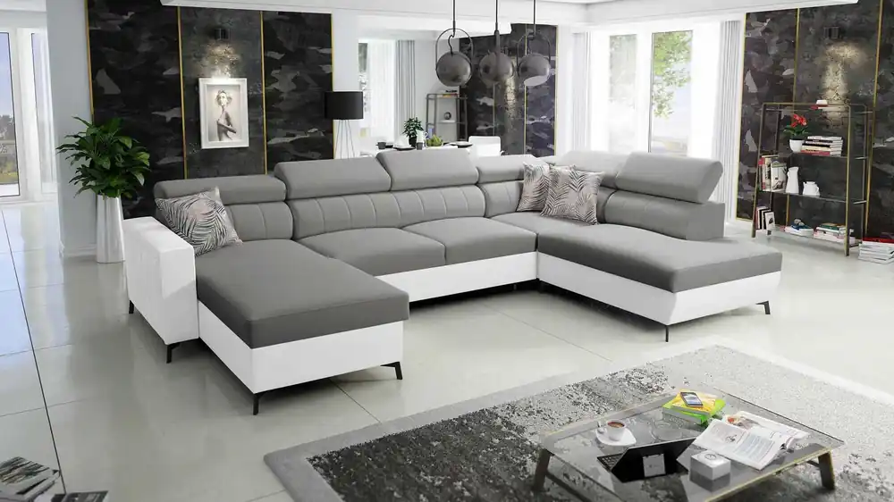 Ecksofa mit Schlaffunktion Savona VI grau / weiß links elegantes und bequemes Ecksofa für das Wohnzimmer zwei Container für Bettzeug Sonderangebot