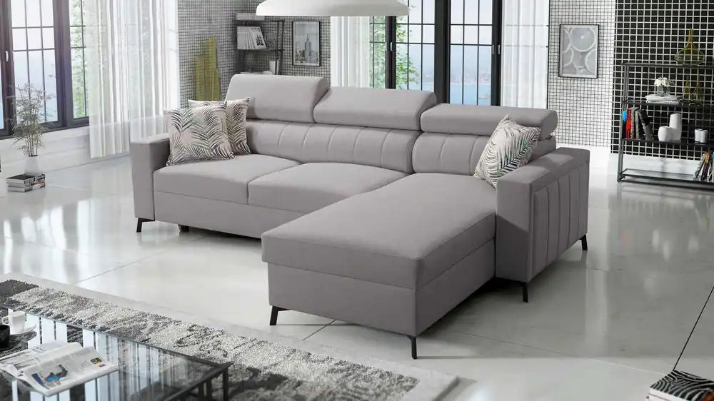 Ecksofa mit Schlaffunktion Savona hellgrau rechts Ecksofa bequem und elegant mit verstellbaren Kopfstützen Ziernähte Must-Have