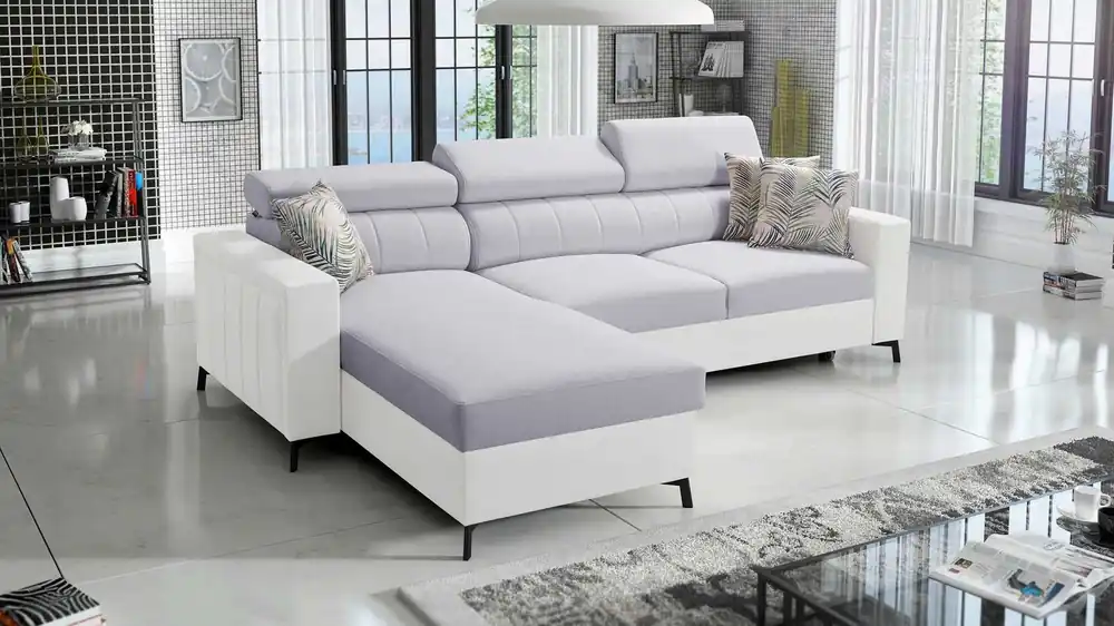 Sonderangebot Ecksofa mit Schlaffunktion Savona grau Esche / weiß links elegantes Ecksofa verstellbare Kopfstützen Ziernähte