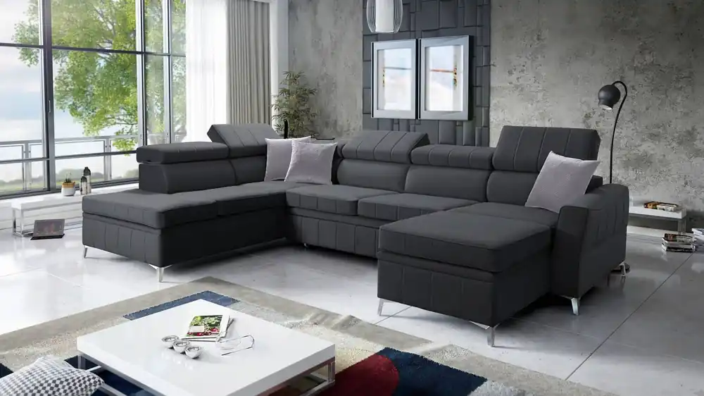 Sonderangebot Ecksofa mit Schlaffunktion Rava VI graphit rechte Ecke ein praktisches und modernes Ecksofa, das mit einer Multifunktionslampe ausgestattet ist