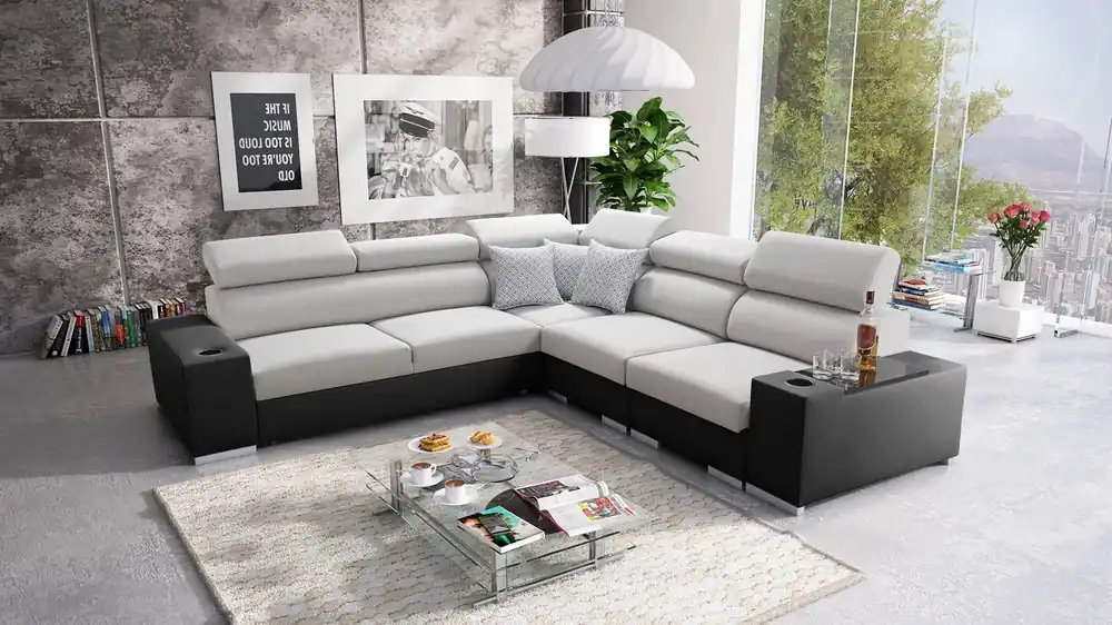 Mega-Angebot Ecksofa mit Schlaffunktion Provo III Esche grau/schwarz rechtes Ecksofa mit Bettzeugablage und verstellbaren Kopfstützen