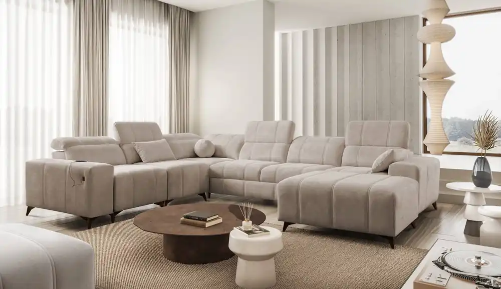 Top-Angebot Ecksofa mit Schlaffunktion Penejos VIII dunkelbeige rechte Seite stilvolles Ecksofa aus strapazierfähigem Stoff