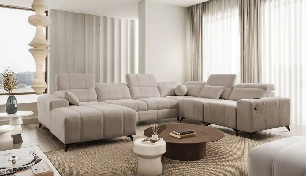 Ecksofa mit Schlaffunktion Penejos VIII dunkelbeige linke Seite stilvolles Ecksofa Bett aus strapazierfähigem Stoff Neu