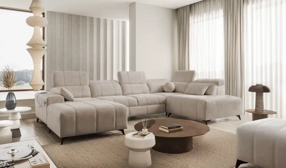 Neue Kollektion Ecksofa mit Schlaffunktion Penejos VI dunkelbeige linke Ecke Schlafsofa mit zwei Bettkästen strapazierfähiger Stoff