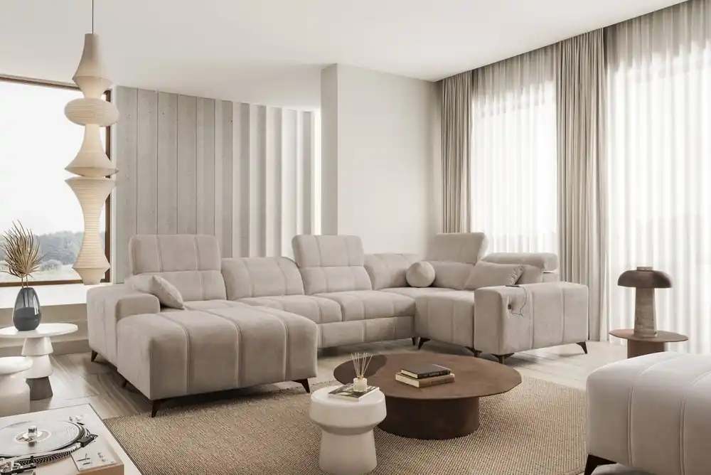 Finale Aktion Ecksofa mit Schlaffunktion Penejos IV dunkelbeige linke Seite stilvolles Ecksofa mit zwei Bettkästen strapazierfähiger Stoff