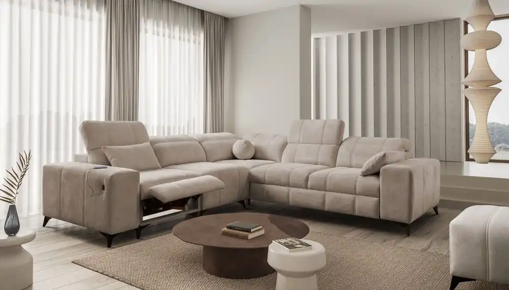 Ecksofa mit Schlaffunktion Penejos III Lux dunkelbeige linkes Ecksofa für das Wohnzimmer mit ausziehbarem Fußteil Bettzeugcontainer Letzte Chance