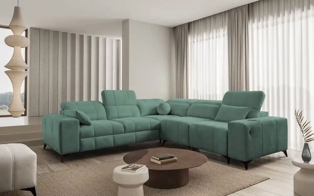 Ecksofa mit Schlaffunktion Penejos III grün rechte Ecke äußerst bequemes und praktisches Ecksofa für das Wohnzimmer zwei Behälter für Bettzeug Expressversand